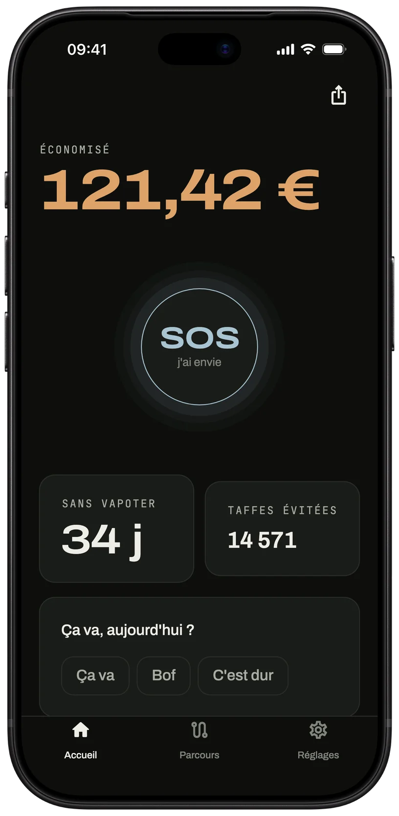 Sevro sur iPhone : 121,42 € gardés, 34 jours sans vapoter, 14 571 taffes évitées