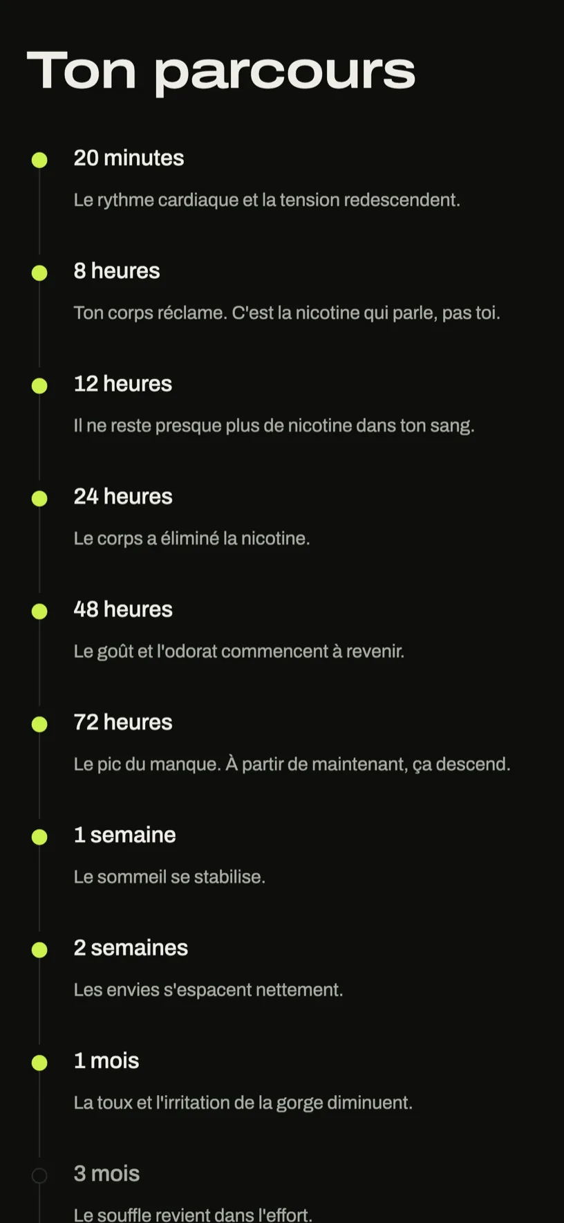 Écran Ton parcours listant les paliers franchis